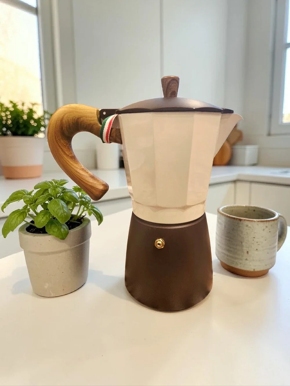 NEW Gnali & Zan Beige/Brown Italian Aluminum 9-Cups of Espresso Coffee Maker Pot